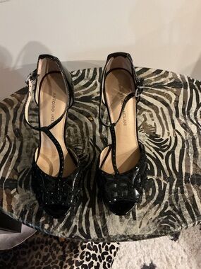 ANTONIO MELANI Black T-Strap Studded Peep-Toe Heels